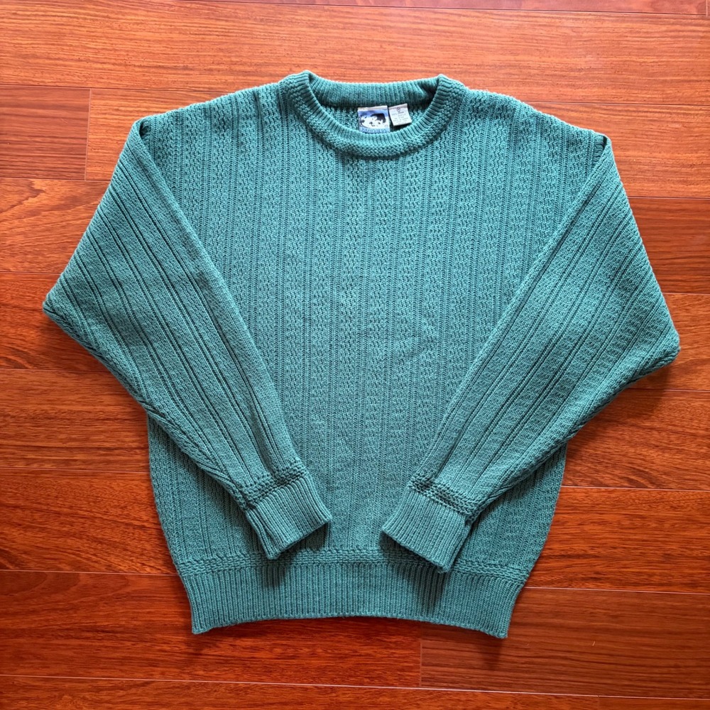 Mens Sweater Medium Green Vintage 90s Crewneck Textured Knit Baggy Todays News